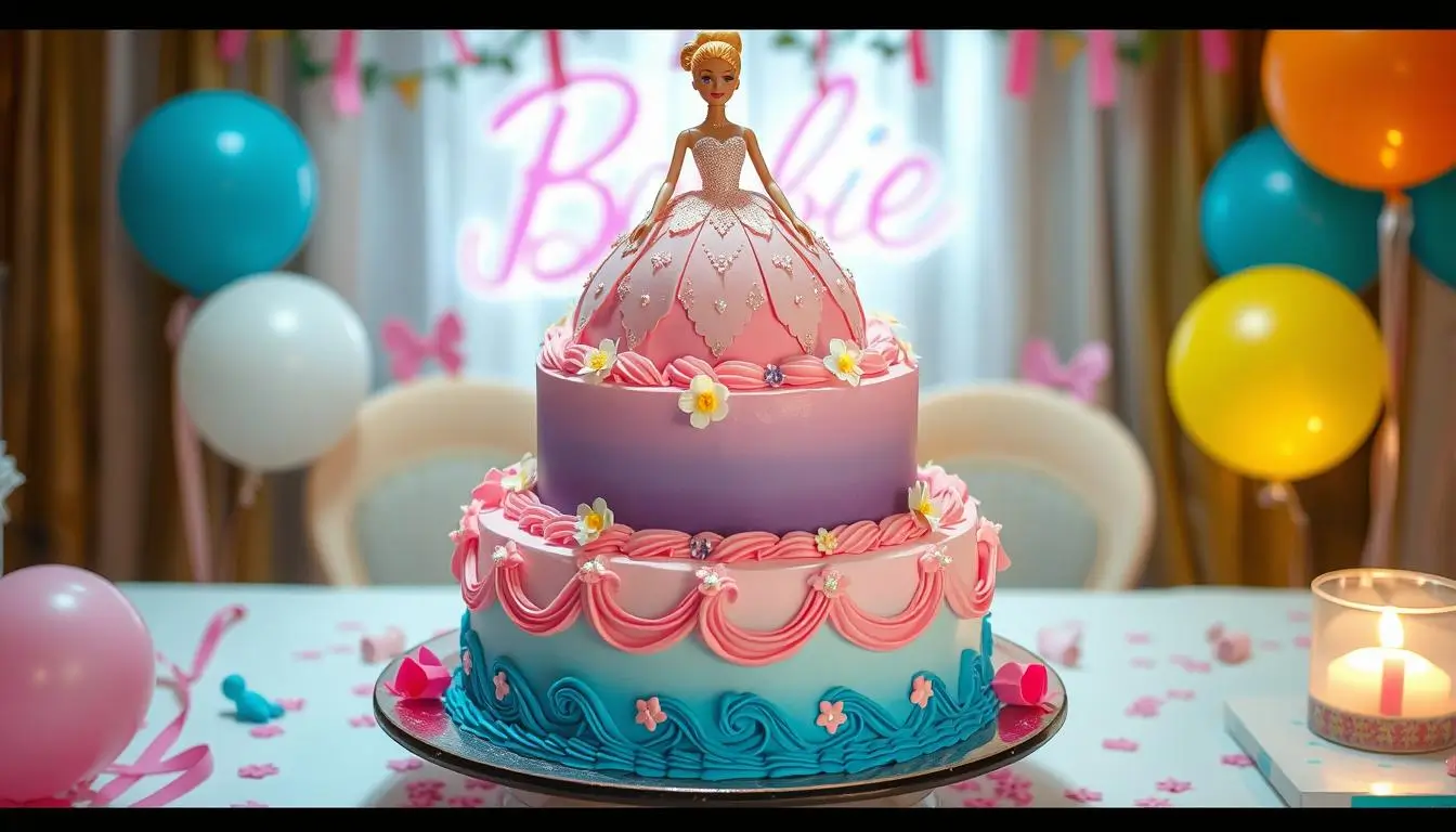An elegant tiered cake decorated as a pink ball gown with a Barbie doll inserted at the top, featuring delicate piped buttercream details, edible pearls, and shimmer accents