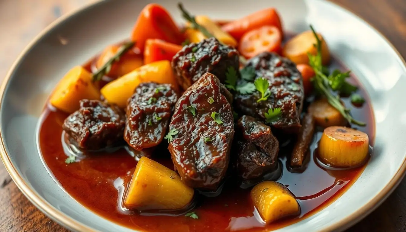 "A beautifully plated dish of tender, slow-cooked beef cheeks garnished with fresh herbs.