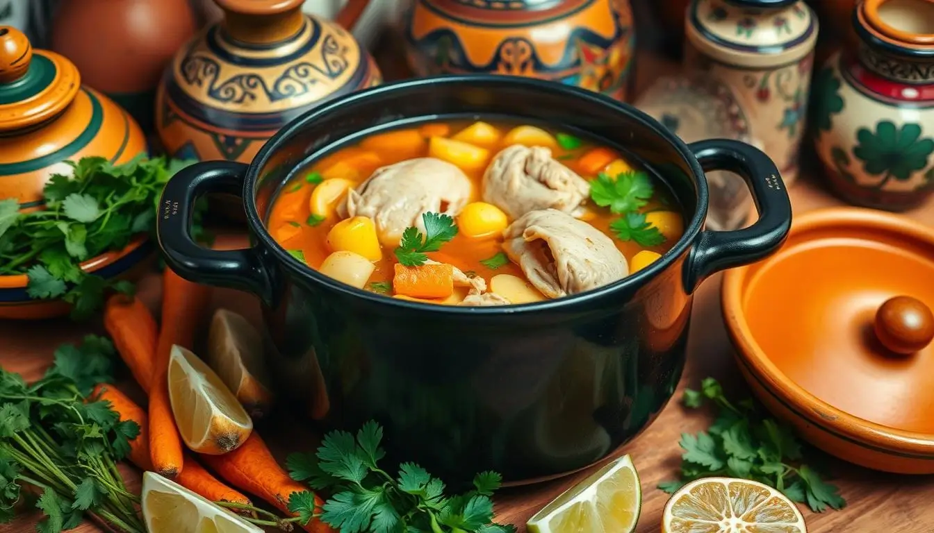 A vibrant kitchen scene showcasing a pot of simmering caldo de pollo, filled with colorful vegetables
