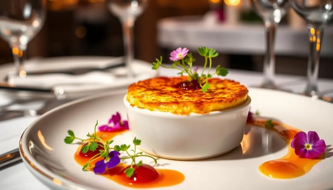 Crab Brûlée: A luxurious seafood dish featuring creamy custard and fresh crab meat.