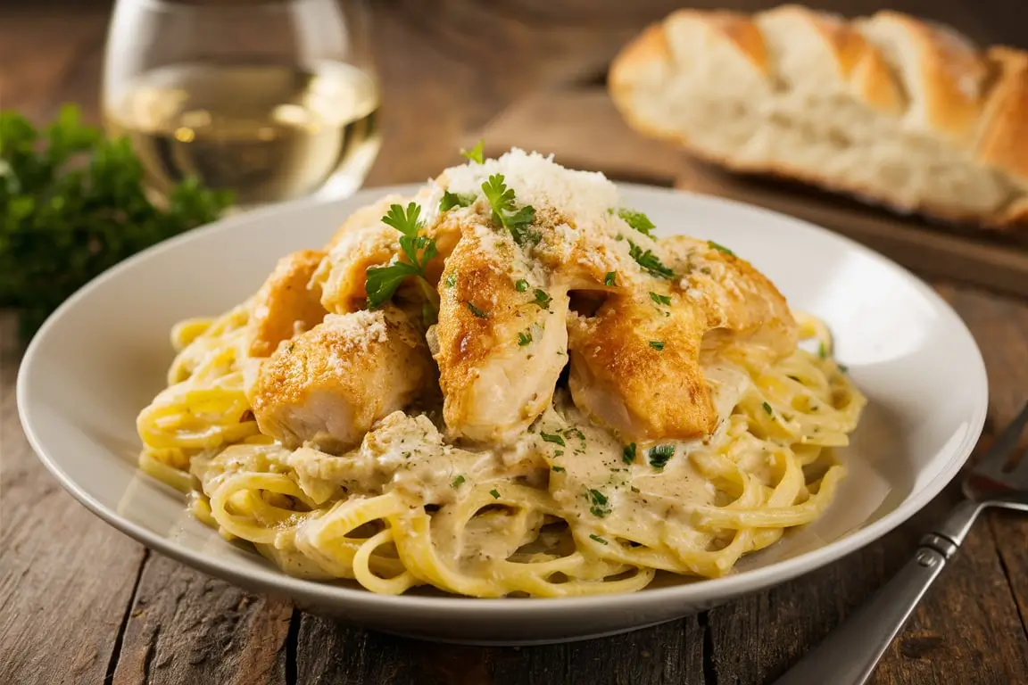 A mouthwatering plate of garlic parmesan chicken pasta, featuring tender chicken pieces tossed with al dente pasta in a creamy garlic and parmesan sauce, garnished with fresh parsley.