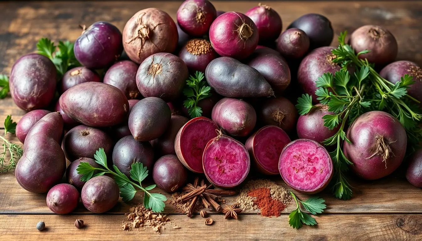 purple potatoes in various shapes and sizes, displayed on a rustic wooden table
