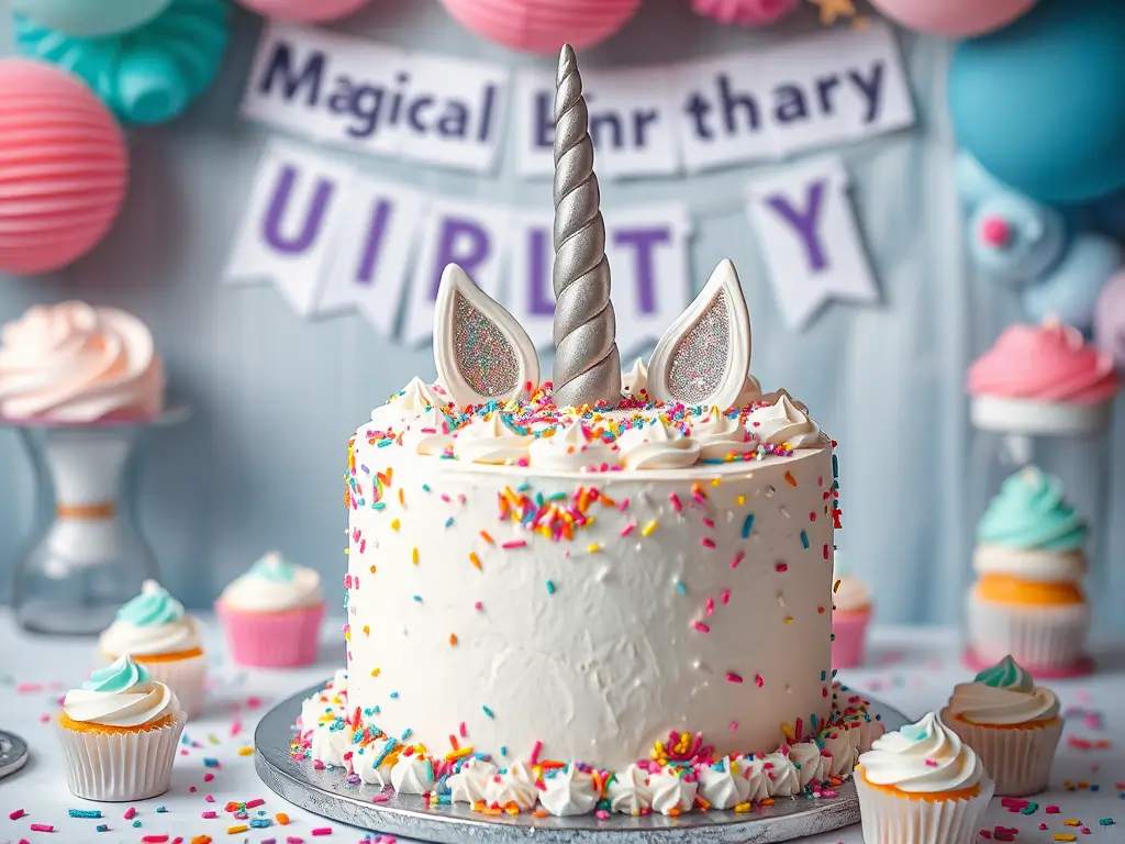 Colorful unicorn birthday cake with rainbow decorations and sparkles