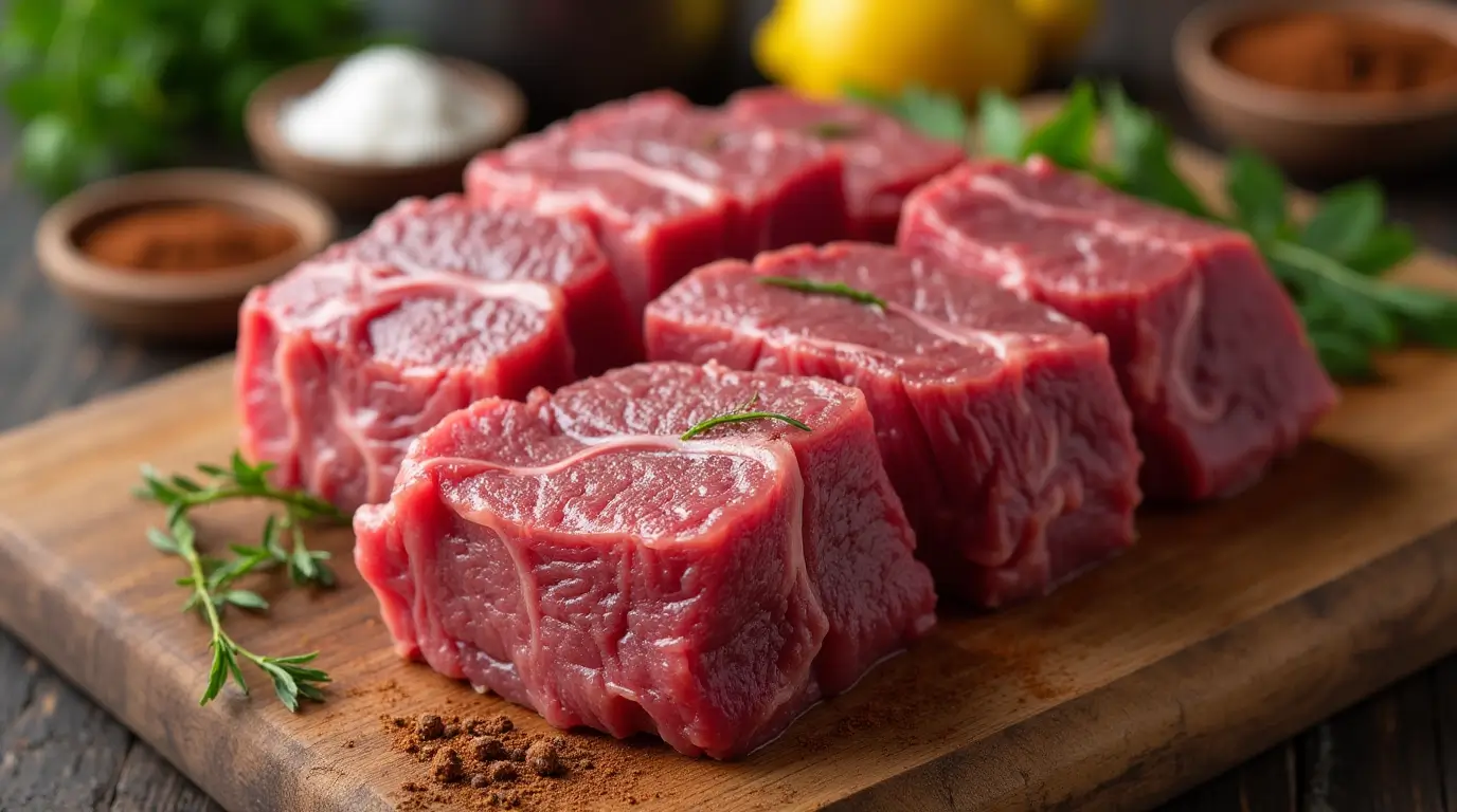 a close up of beautifully marbled raw beef cheeks showcasing their rich deep red color and unique t 1aodt9pw1smy382sp723 0 1