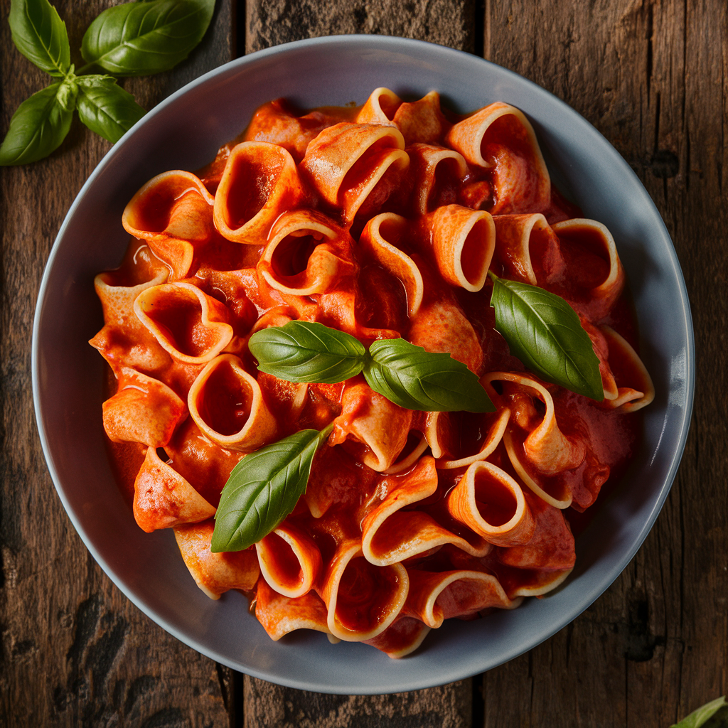 A plate of campanelle pasta served with a rich tomato sauce and fresh basil leaves.