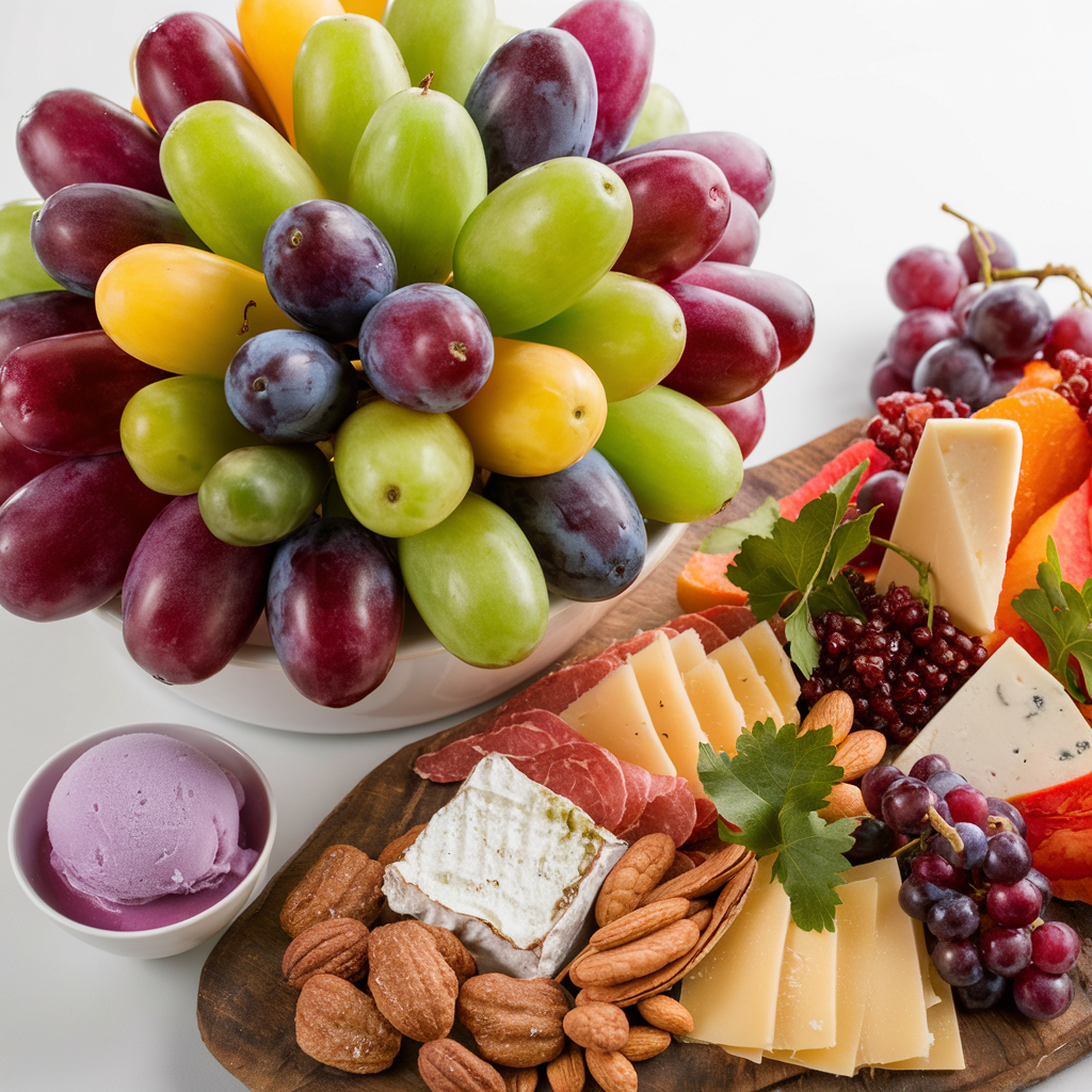 The Sweet Delight of Cotton Candy Grapes: A Comprehensive Guide 4 Assortment of dishes featuring cotton candy grapes, including a fresh fruit salad, a charcuterie board with cheese, and a refreshing grape sorbet, beautifully presented.