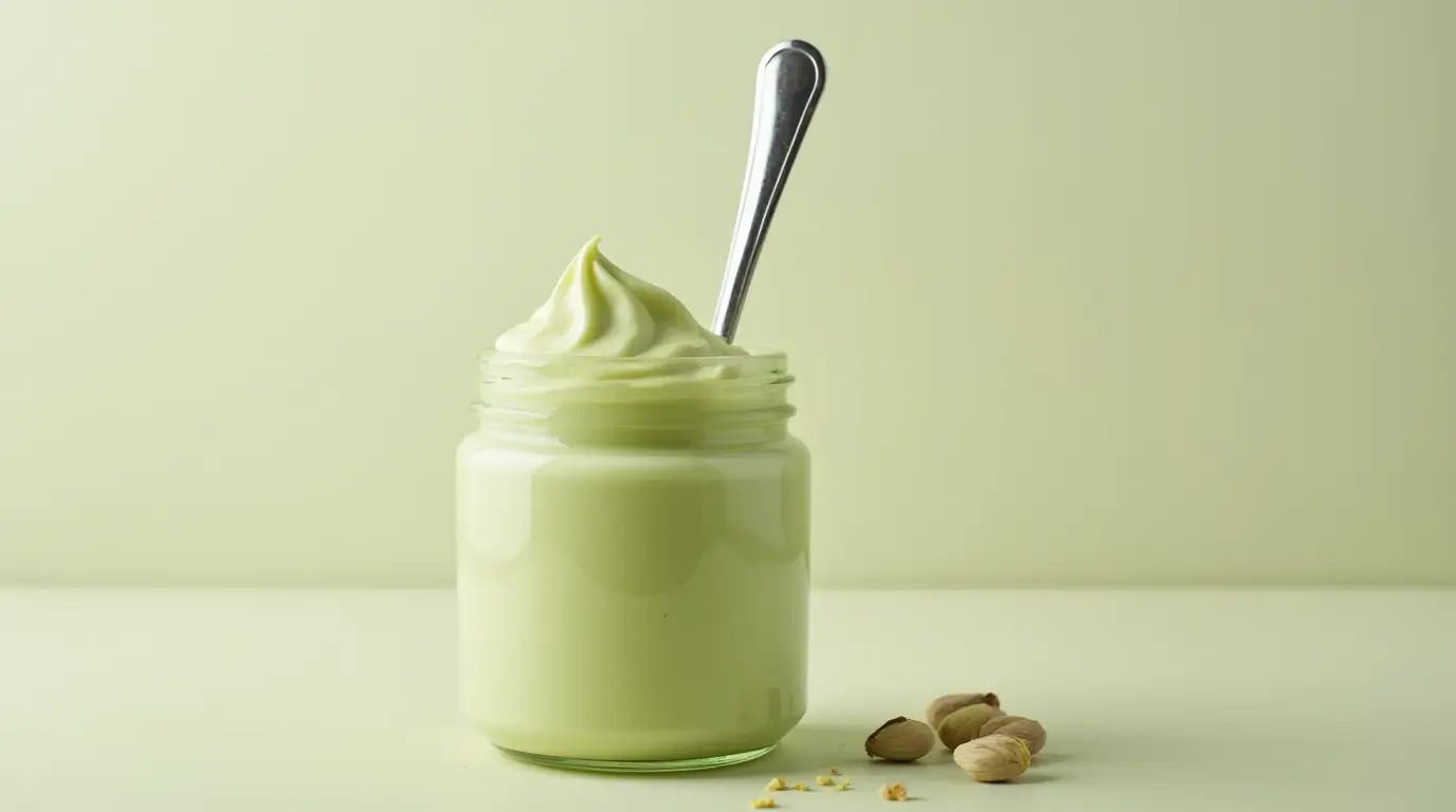Jar of smooth pistachio cream with a spoon dipped in