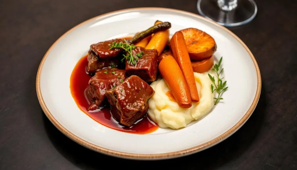 Gourmet braised beef cheeks with mashed potatoes and roasted vegetables.
