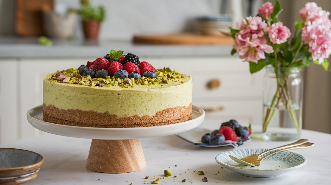 No-bake pistachio cream recipes cheesecake garnished with crushed pistachios and fresh berries on a stylish cake stand in an elegant kitchen setting.