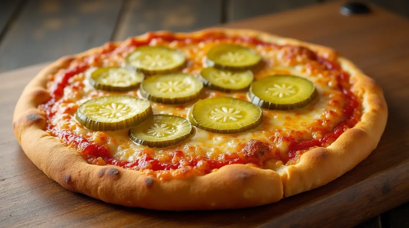 Delicious pickle pie pizza with a golden crust, melted cheese, and tangy pickles.