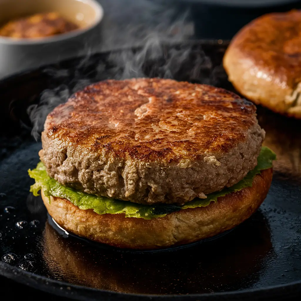 Smash Burger Delight: 4 Easy Steps to Create the Best 2 A close-up of a smash burger patty on a hot griddle, showing the browned crust formed by the Maillard reaction.