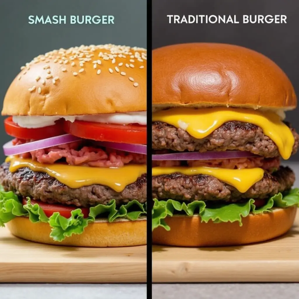 Smash Burger Delight: 4 Easy Steps to Create the Best 3 Side-by-side comparison of a smash burger and a traditional burger, highlighting the differences in thickness, texture, and appearance.