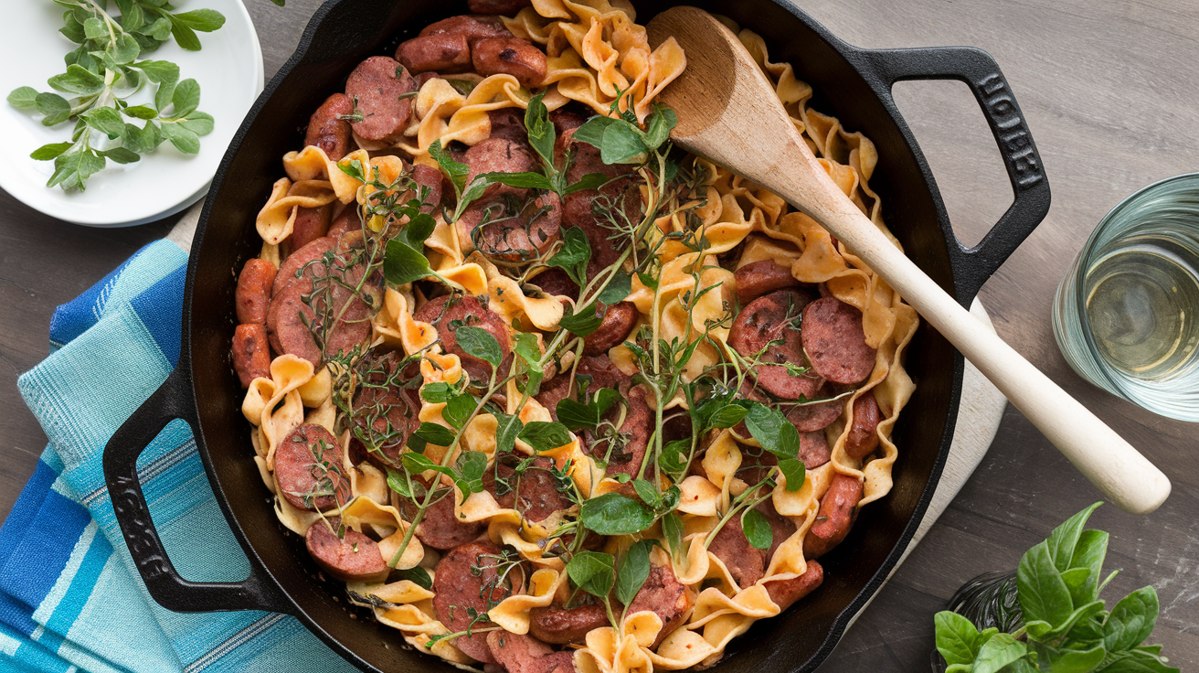 A beautifully presented Spicy Campanelle Sausage Skillet dish served in a skillet, garnished with fresh herbs.