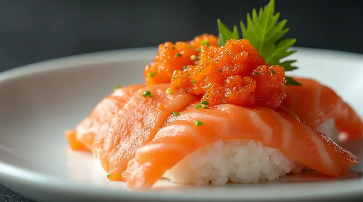 What Makes Tobiko Nutrition Special? 7 Key Benefits 1 A beautifully presented dish featuring tobiko on top of sushi, with the text "Tobiko Nutrition."