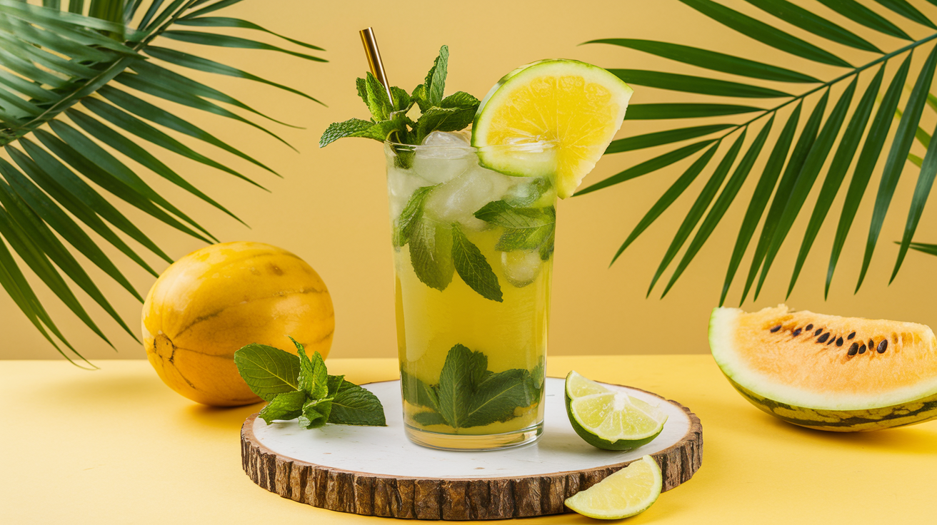 Yellow Watermelon Mojito in a tall glass, garnished with mint leaves and a slice of yellow watermelon.
