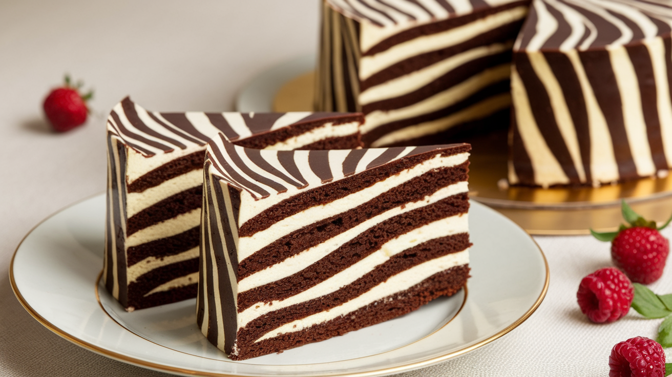 Artfully arranged slices of zebra cake recipe on a plate with clearly defined chocolate and vanilla stripes
