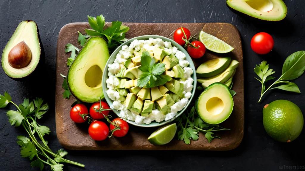 Delicious avocado and cottage cheese recipes presented on a rustic wooden board