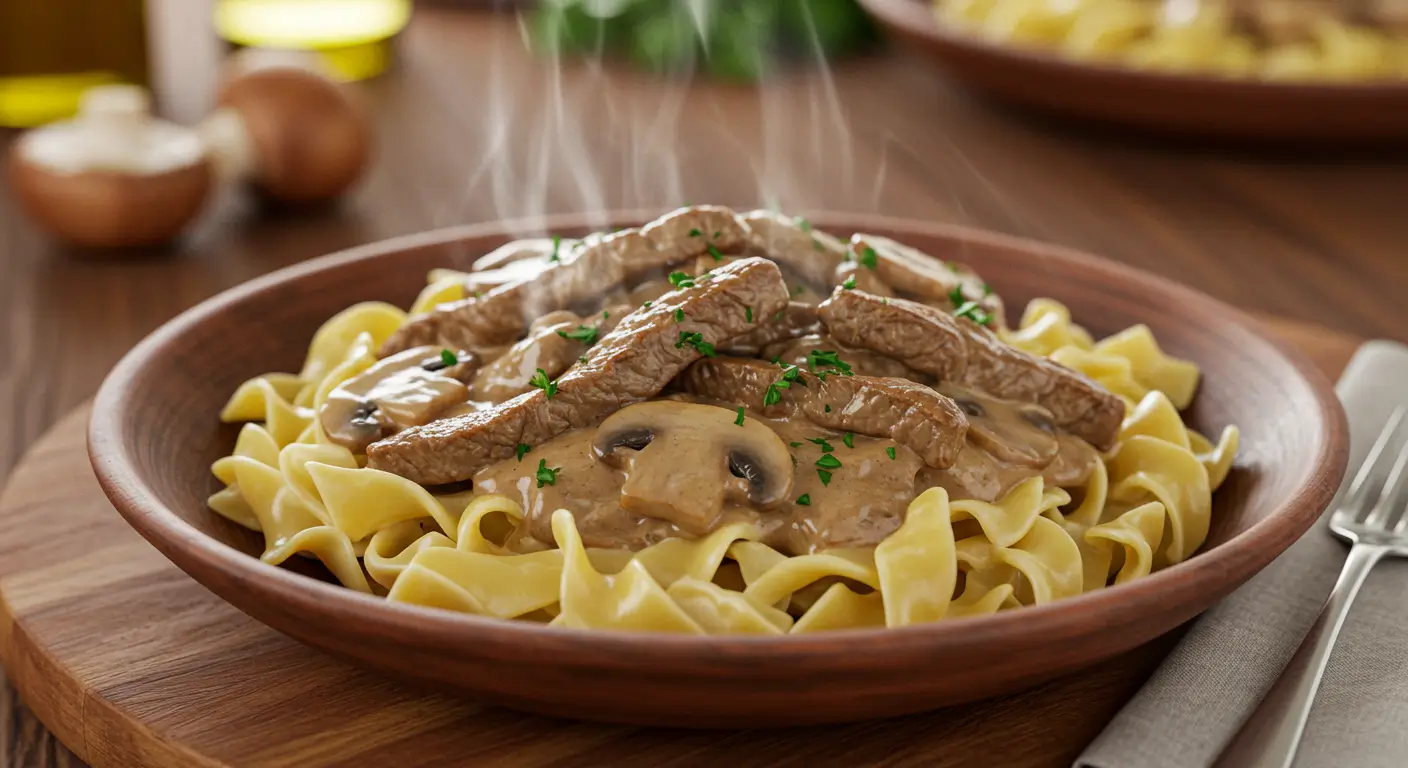 Beef Stroganoff – A classic Russian dish with creamy mushroom sauce and tender beef."