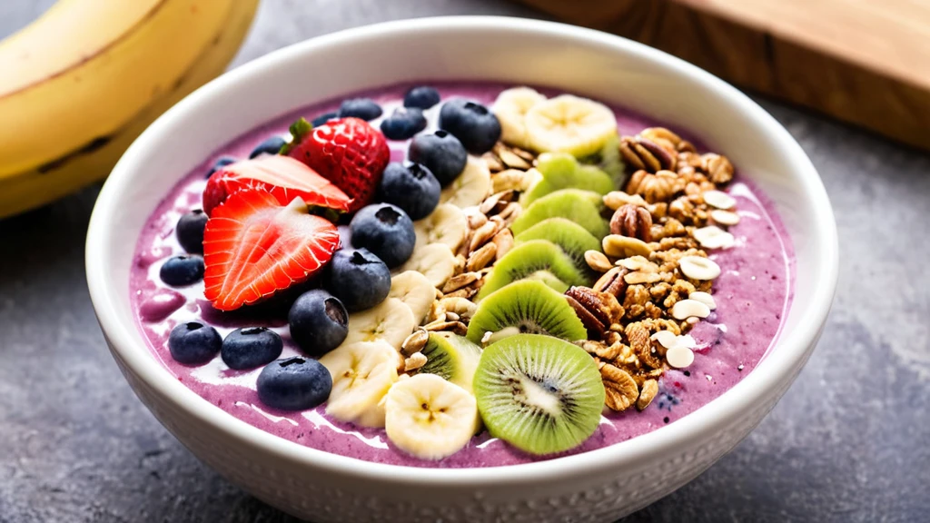 Delicious berry smoothie bowl with fresh fruits and granola toppings