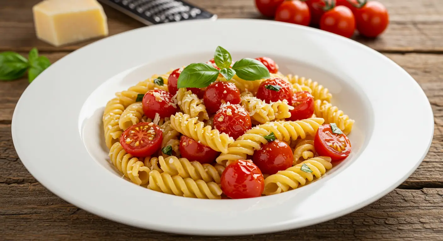 Featured Image: A delicious plate of Campanelle with Cherry Tomatoes, garnished with fresh basil and Parmesan cheese.