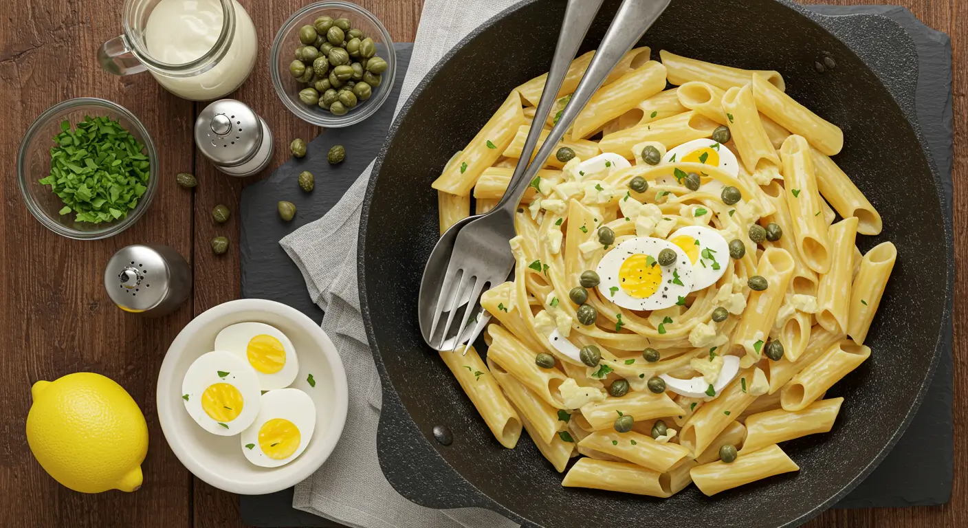 A vibrant plate of Campanelle with Eggs and Capers, showcasing creamy pasta topped with parsley and lemon wedges.