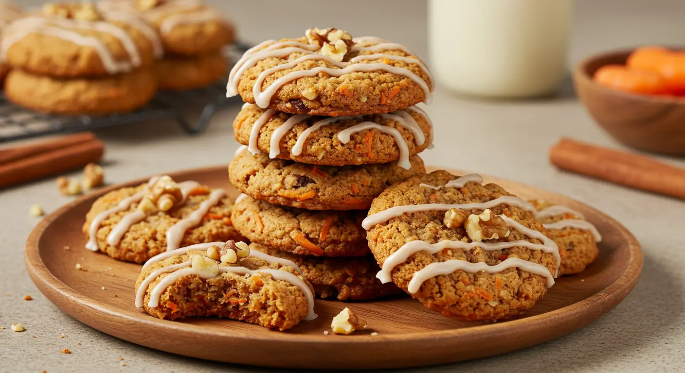 Freshly baked Carrot Cake Cookies with cream cheese drizzle on a wooden plate