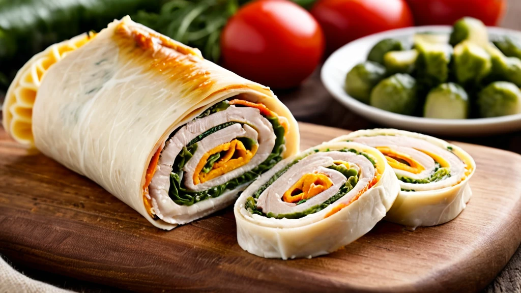 Delicious cheese and turkey roll-ups with fresh vegetables on a rustic wooden board