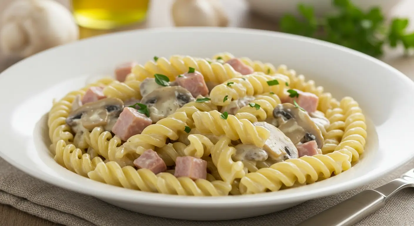ingredients for creamy campanelle with ham and mushrooms