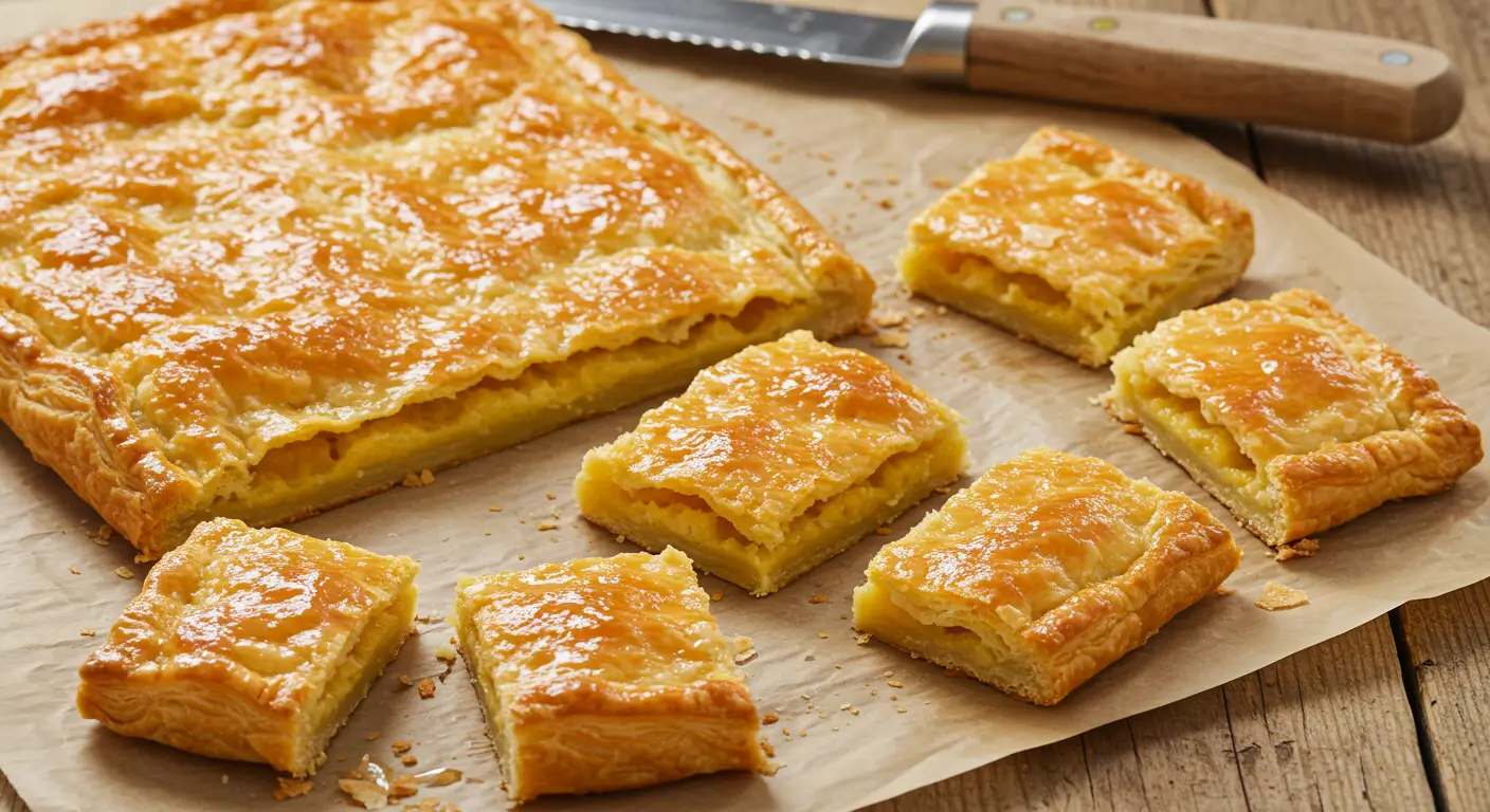 A beautifully arranged platter of golden, flaky Crispy Ham and Cheese Puff Pastry Stacks with fresh thyme garnish.