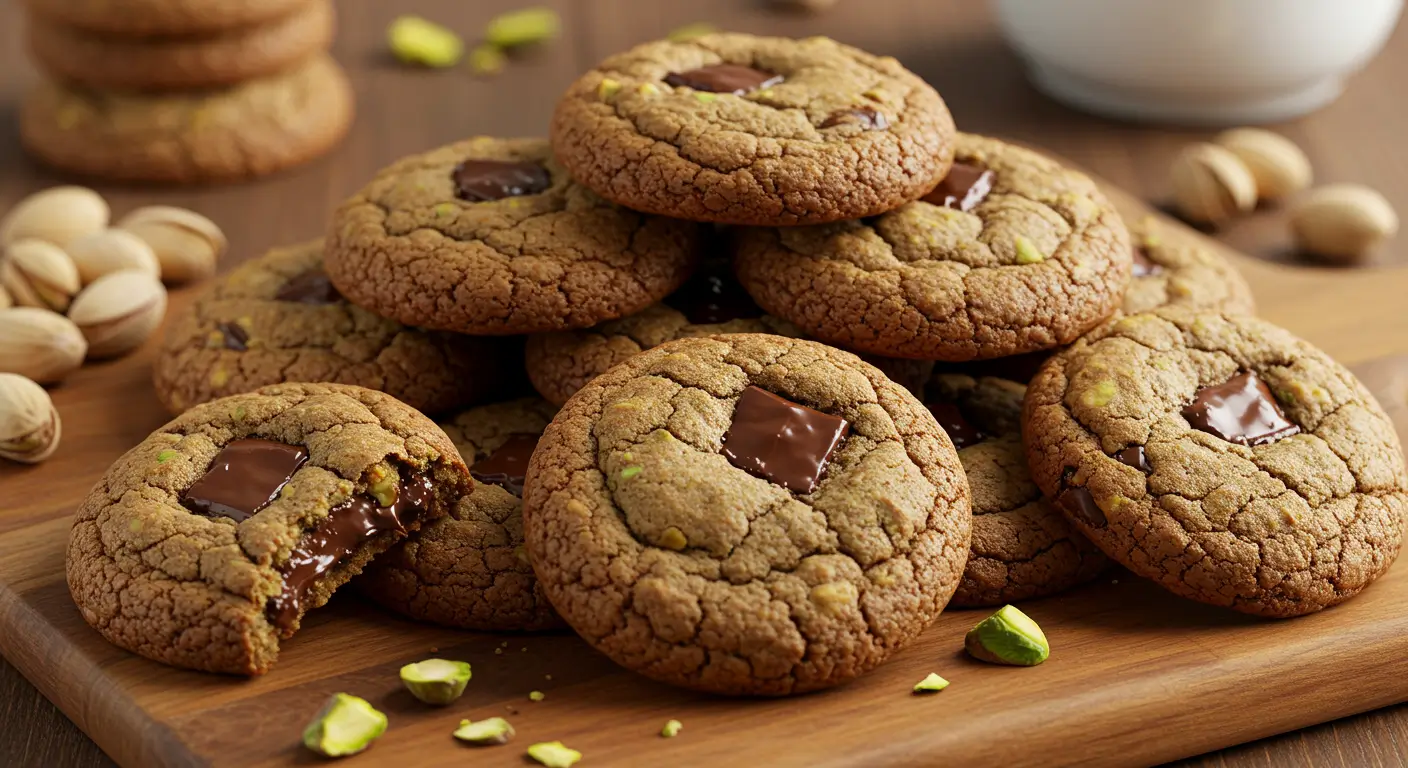A beautifully arranged platter of Dark Chocolate Chunk Pistachio Cookies with fresh pistachios garnish.