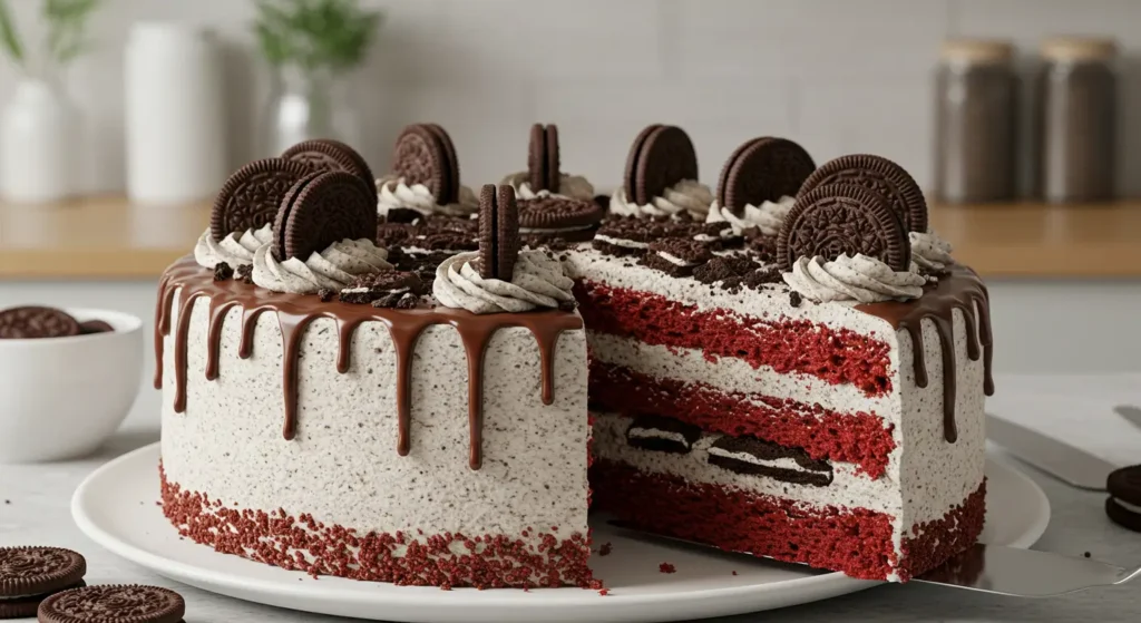 Red Velvet Oreo Cake: How to Make the Best Moist Layers 4 A beautifully decorated Red Velvet Oreo Cake with Oreo toppings.