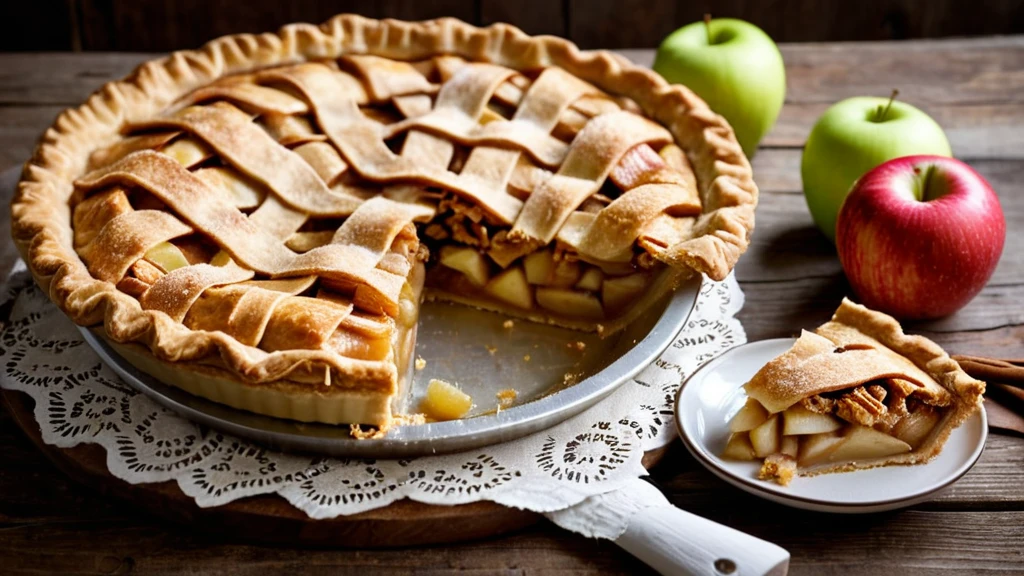 A freshly baked Apple Pie with a golden, flaky crust and cinnamon-spiced filling.