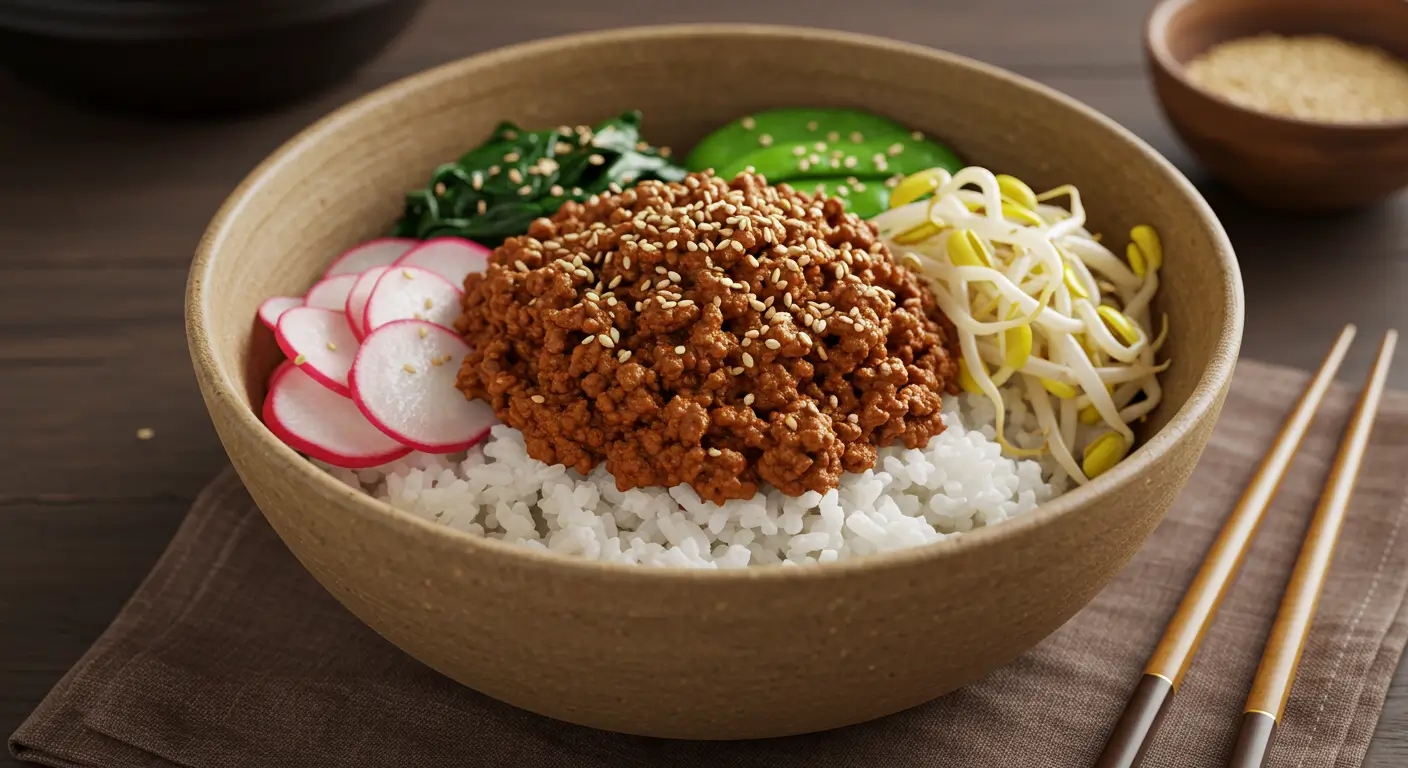 Korean Ground Beef Bowl served in a traditional bowl with rice and vegetables.