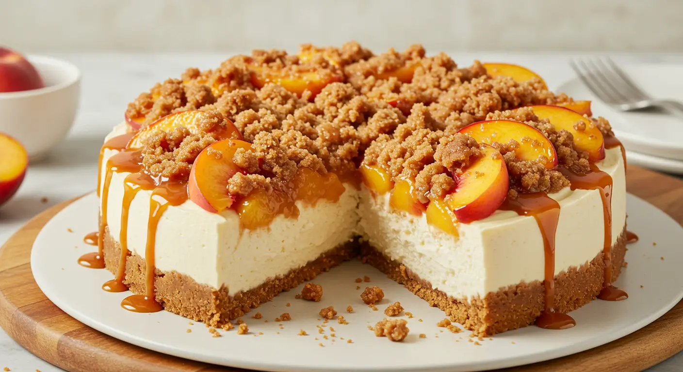 Delicious peach cobbler cheesecake with a golden crust, creamy filling, and spiced peach topping