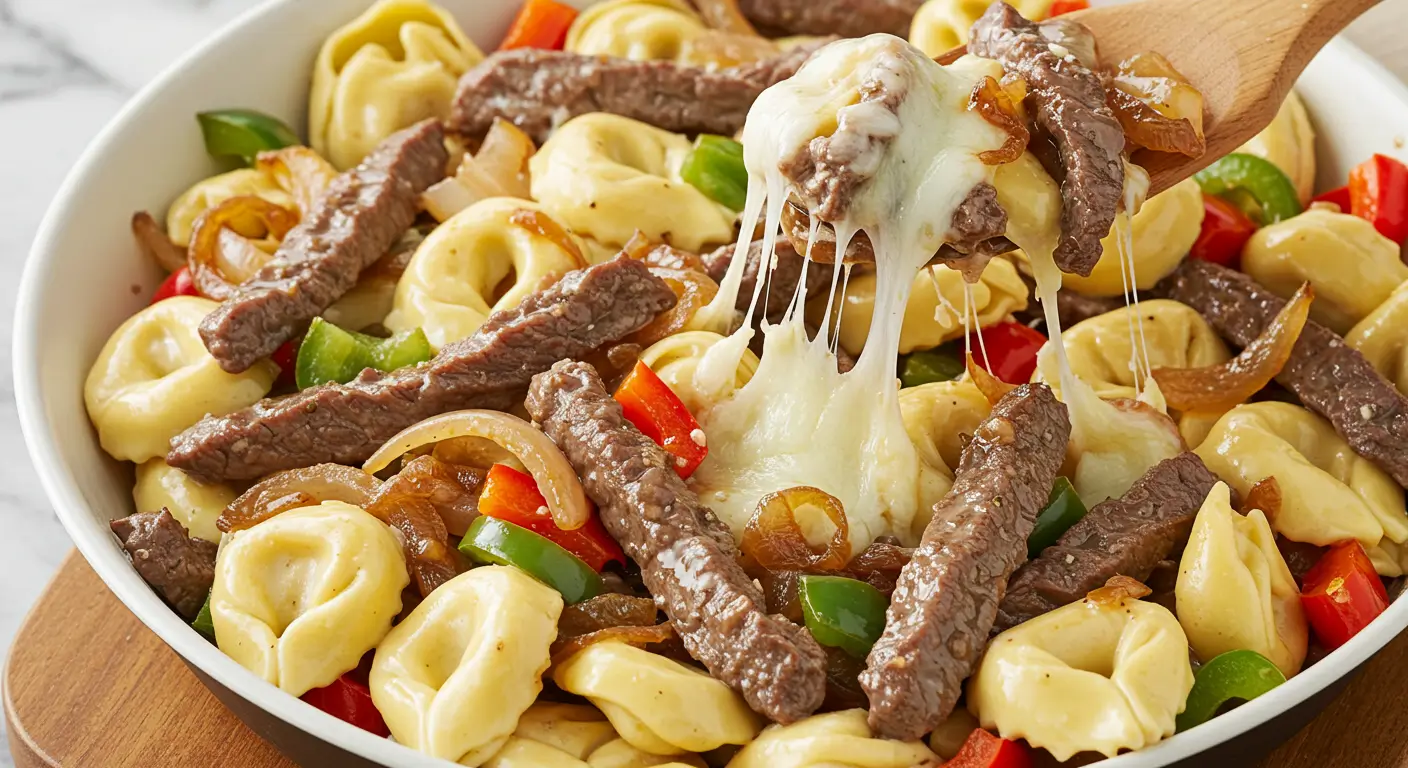 A creamy and savory Philly Cheesesteak Tortellini pasta dish featuring tender beef strips, gooey provolone cheese, and cheesy tortellini.