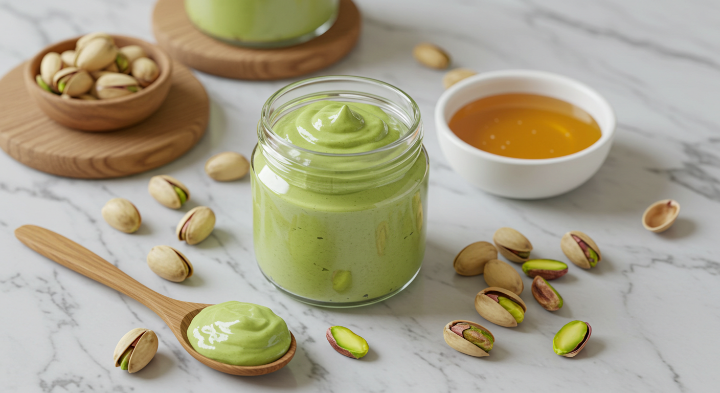 A jar of creamy pistachio cream recipe surrounded by fresh pistachios, a drizzle of honey, and a wooden spoon on a rustic table.
