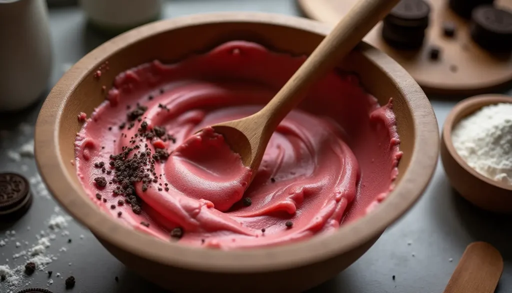Red Velvet Oreo Cake: How to Make the Best Moist Layers 2 Mixing the Red Velvet Oreo Cake batter with crushed Oreos.