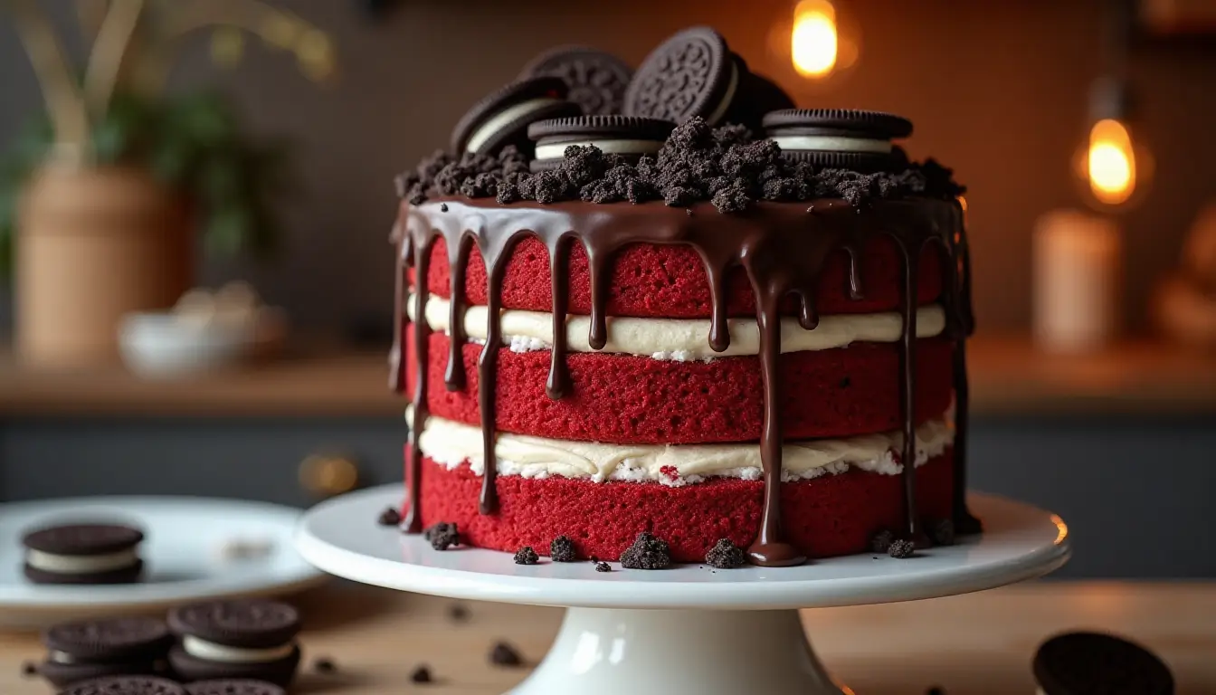 Delicious Red Velvet Oreo Cake with creamy frosting and Oreo topping.