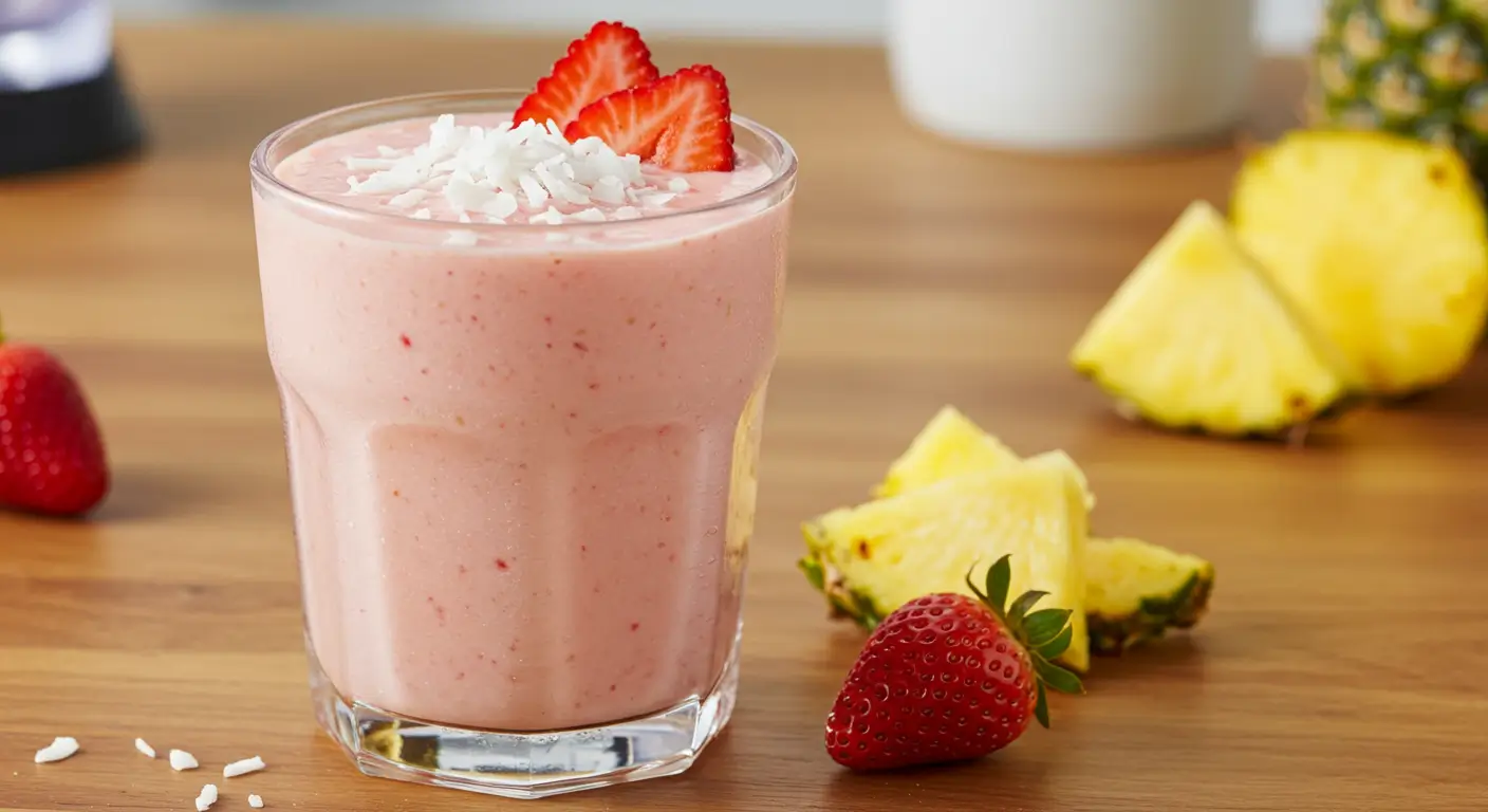 Delicious Strawberry Pina Colada Smoothie Recipe in a glass with garnished strawberries and shredded coconut.