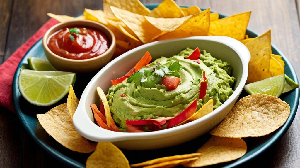Delicious veggie chips with guacamole served on a rustic wooden board